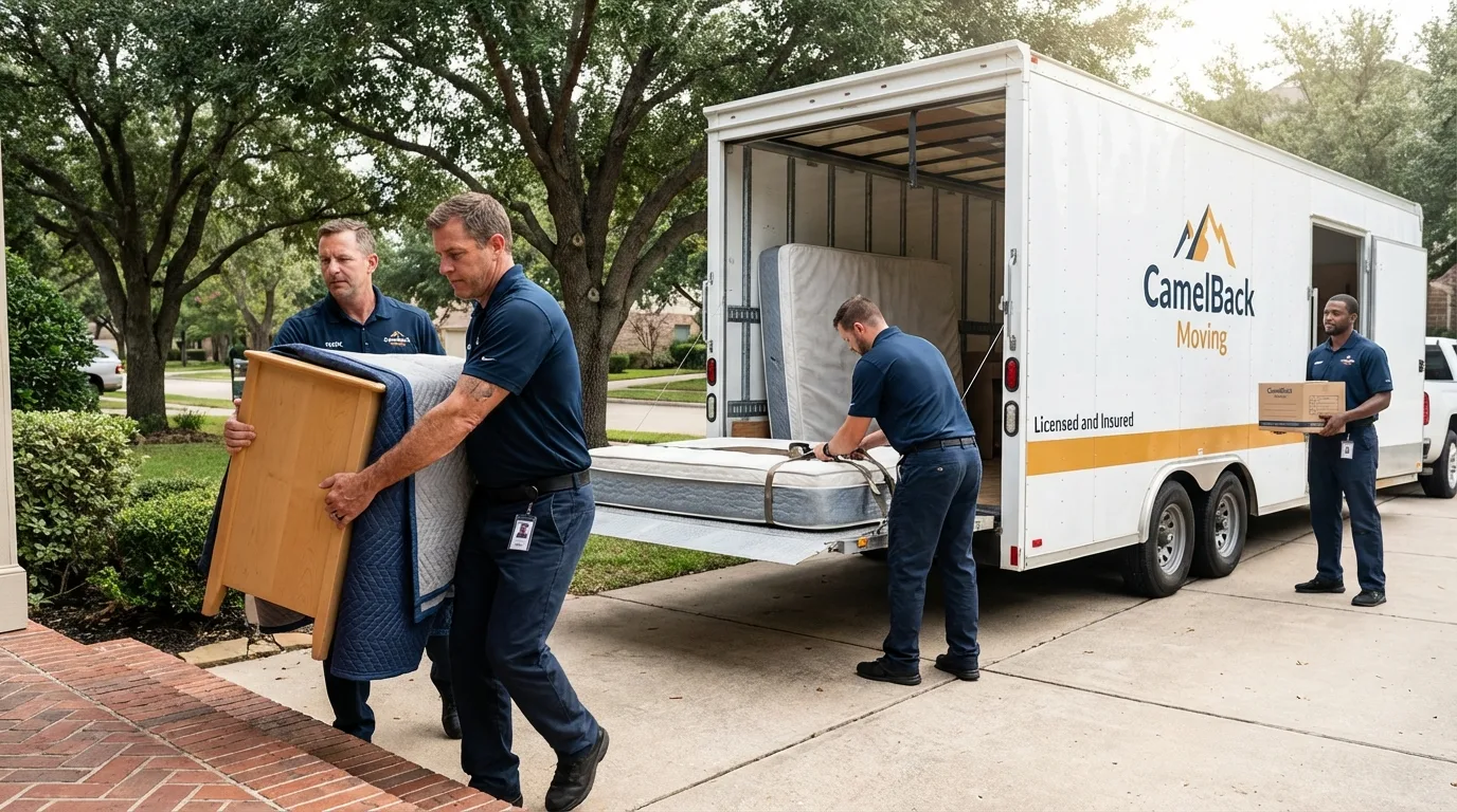 Crew loading residential truck for cross-state move from Bushland, TX
