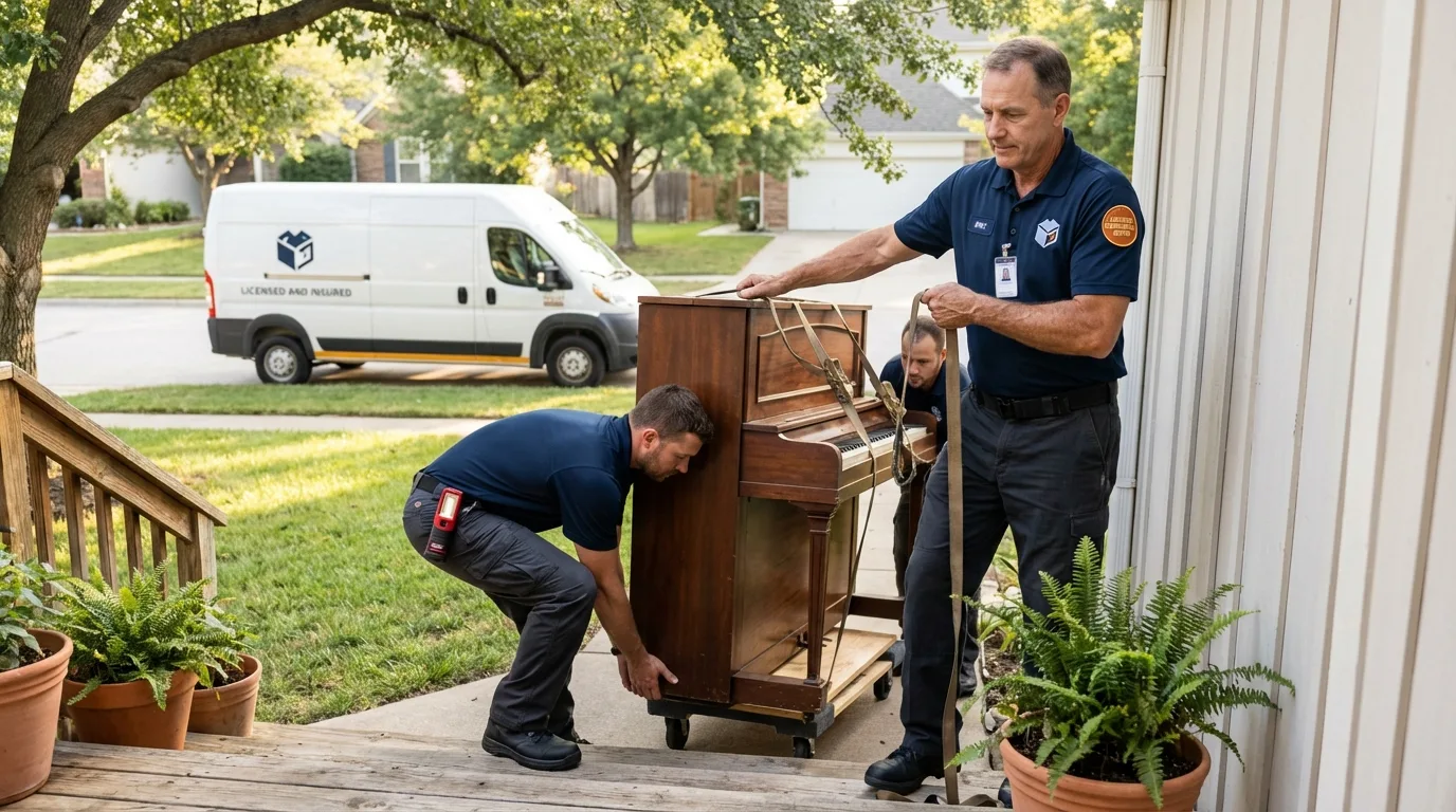 Licensed piano movers securing grand piano in Bushland, TX
