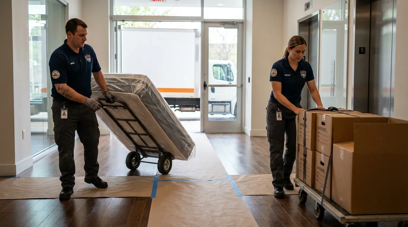 Professional apartment movers loading elevator in Bushland, TX