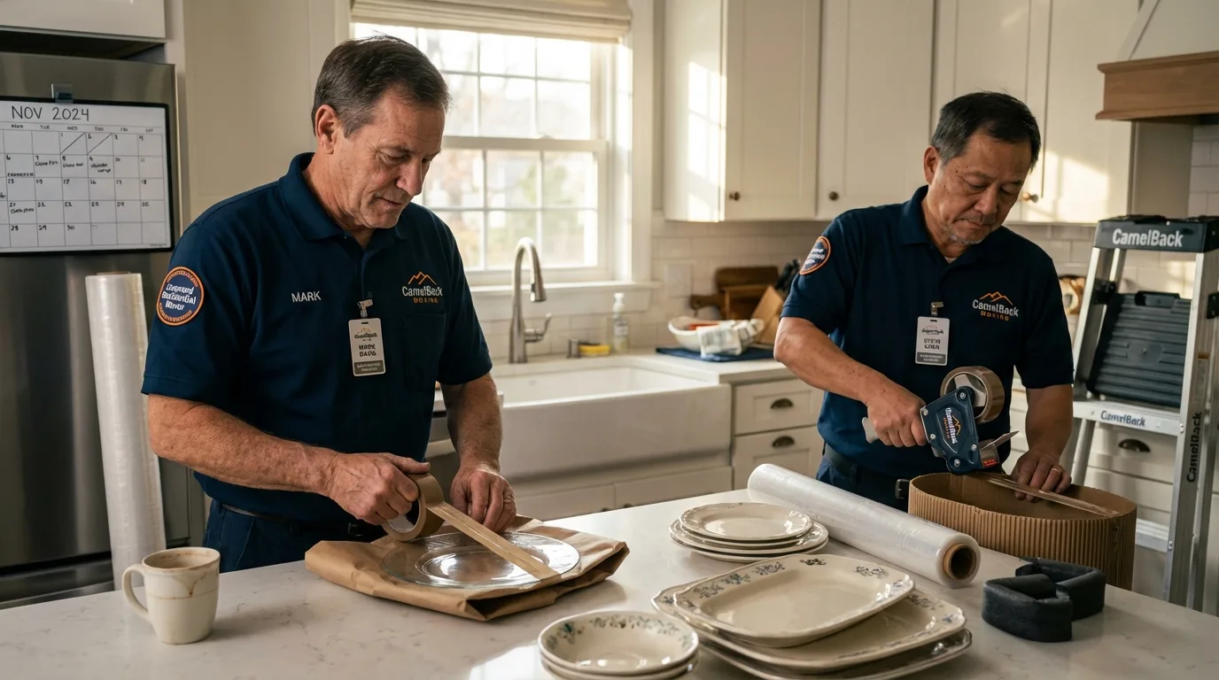 Professional crew packing kitchen dishware in Bushland, TX